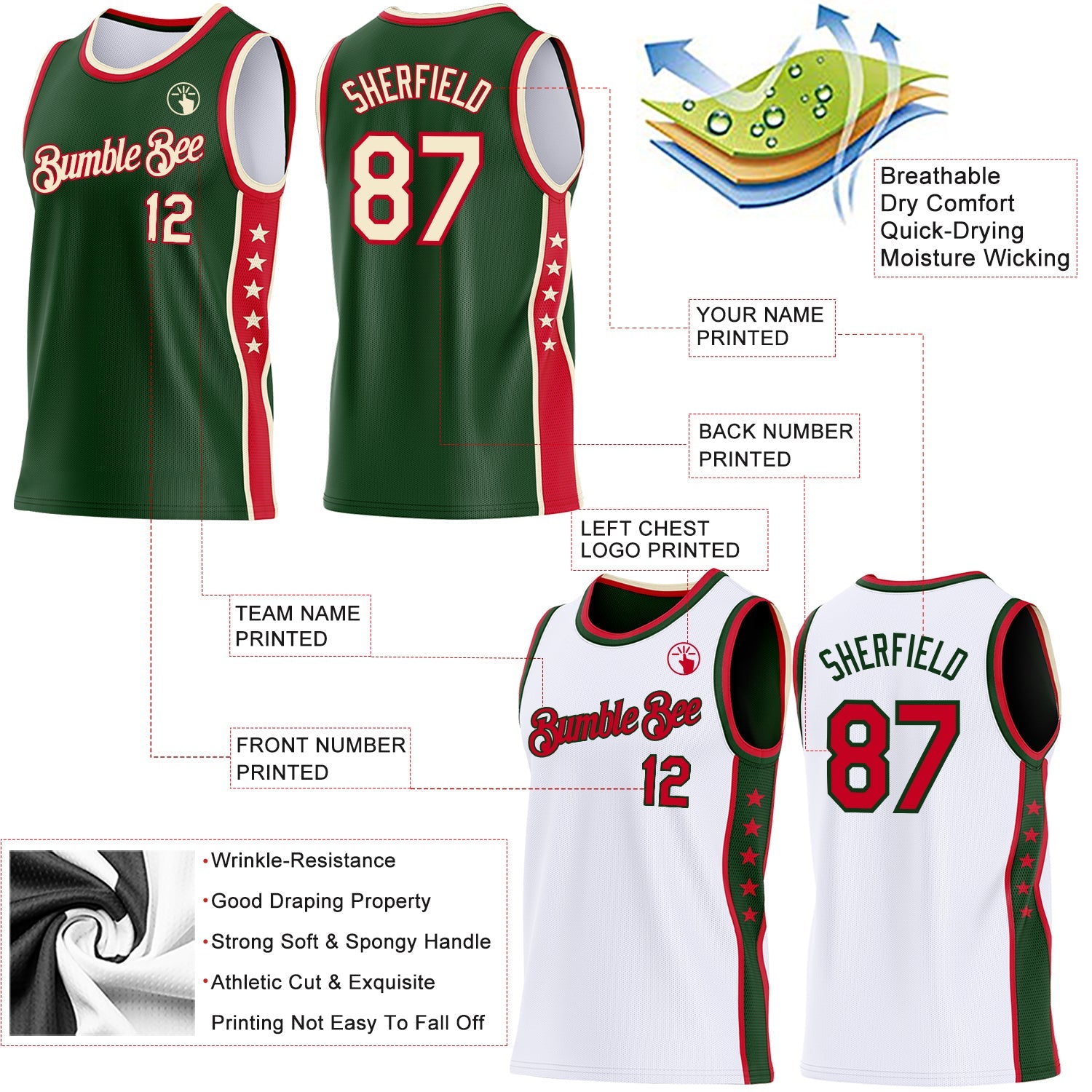 Custom Reversible Green Cream-Red Double Side Star Sublimation Basketball Set Jersey view 5