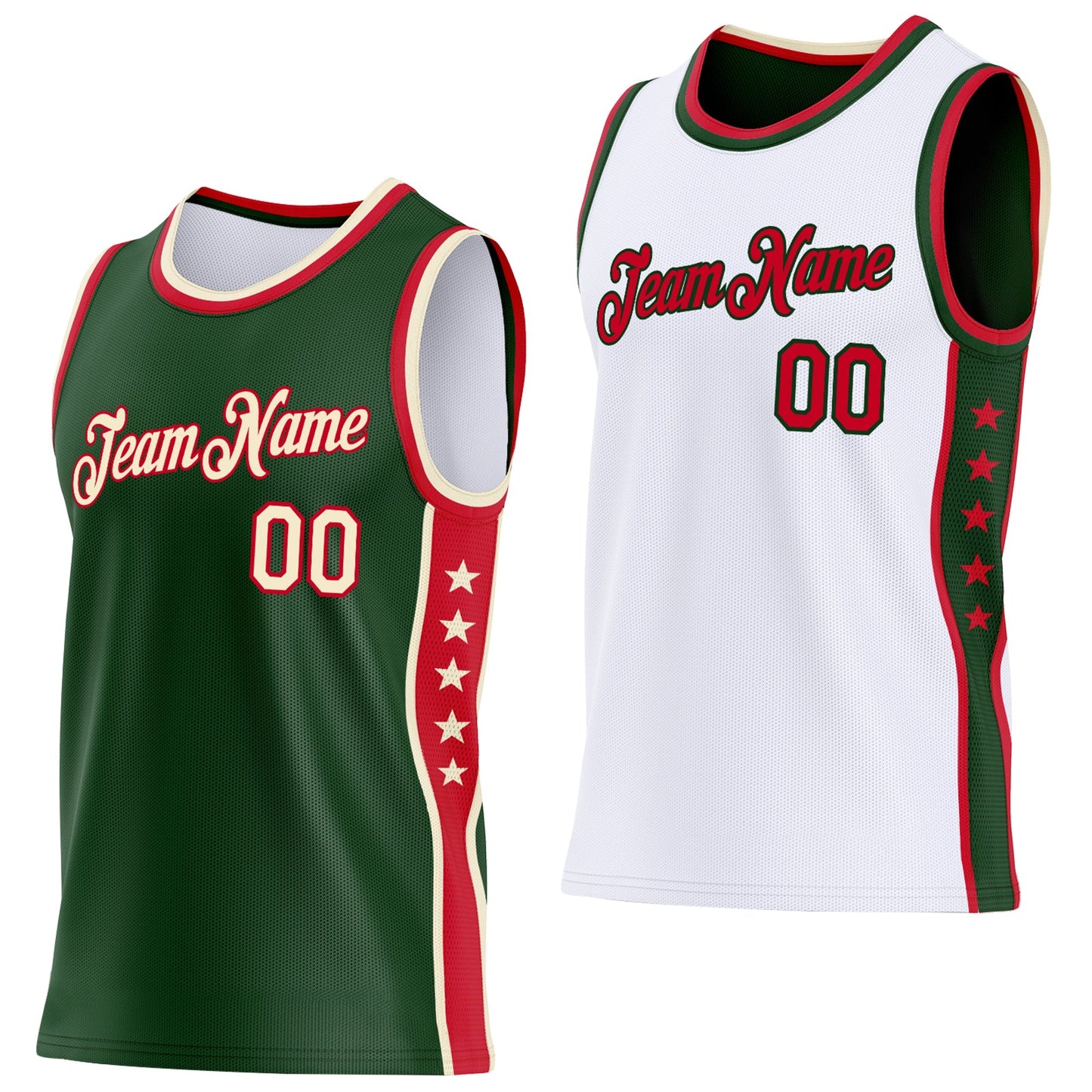 Custom Reversible Green Cream-Red Double Side Star Sublimation Basketball Set Jersey - Main View