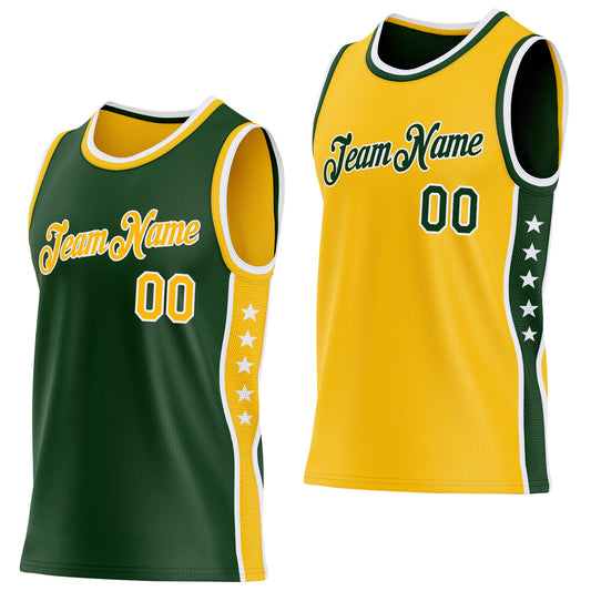 Custom Reversible Green Gold-White Double Side Star Sublimation Basketball Set Jersey - Main View