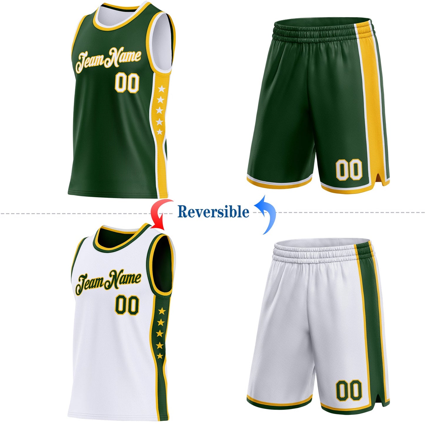 Custom Reversible Green White-Gold Double Side Star Sublimation Basketball Set Jersey view 2