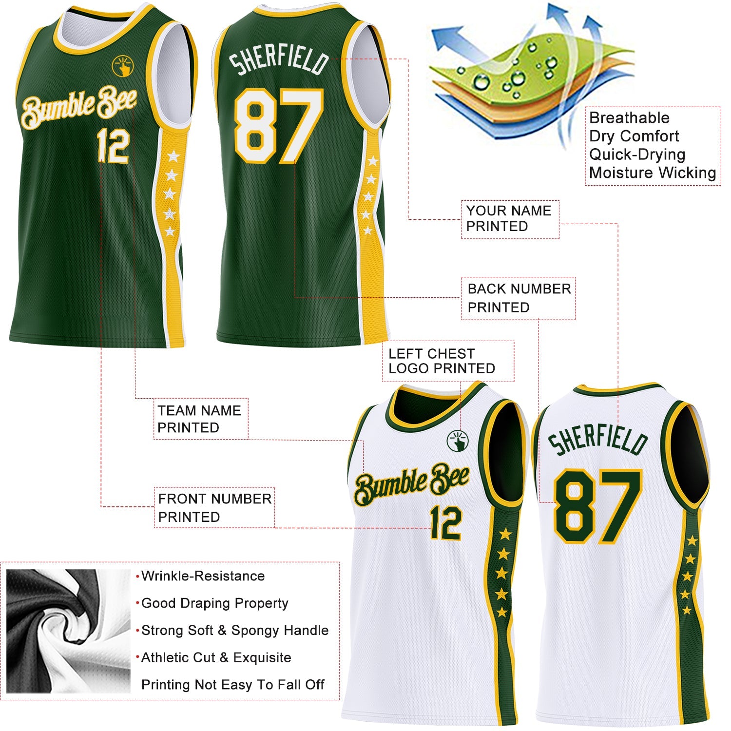 Custom Reversible Green White-Gold Double Side Star Sublimation Basketball Set Jersey view 5