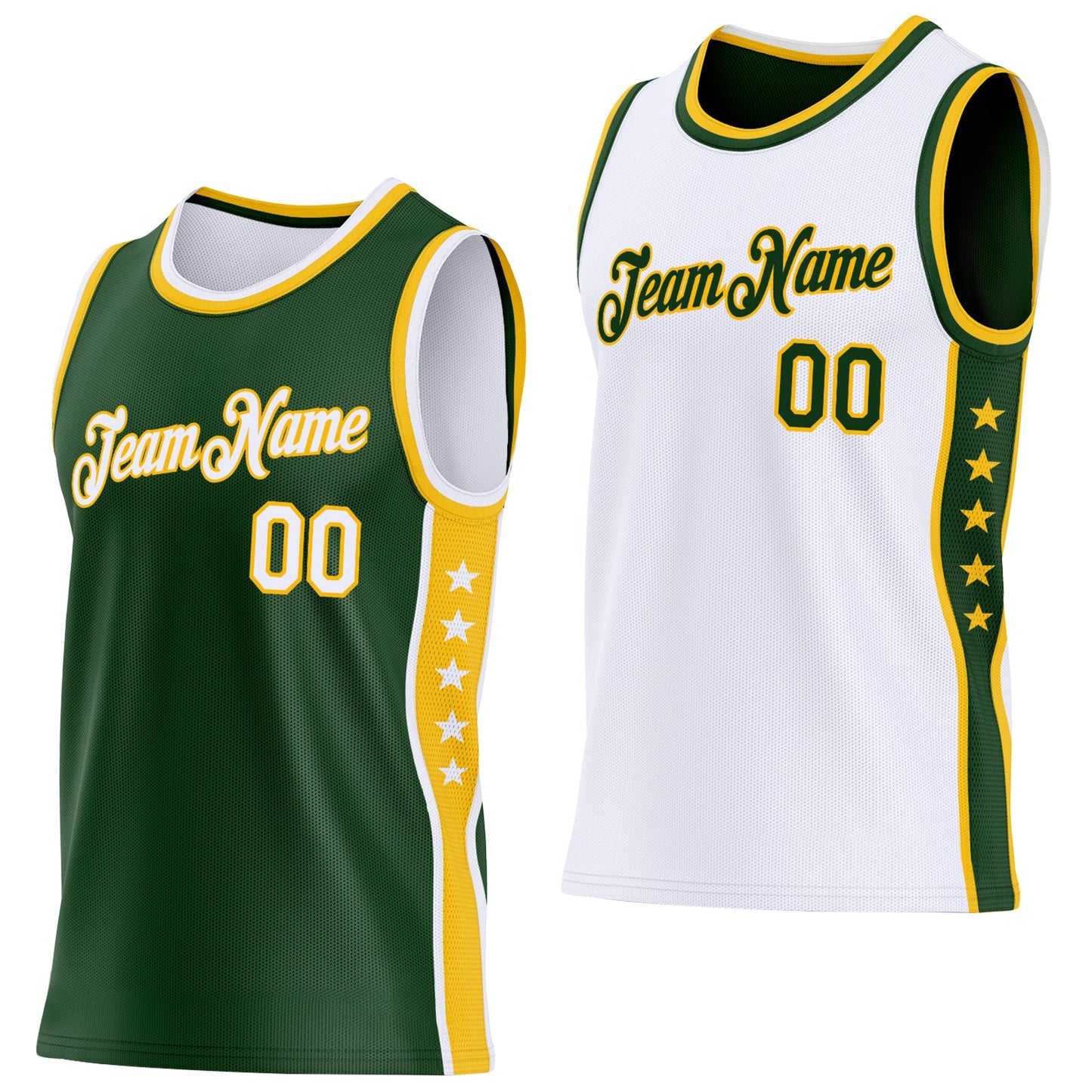 Custom Reversible Green White-Gold Double Side Star Sublimation Basketball Set Jersey - Main View