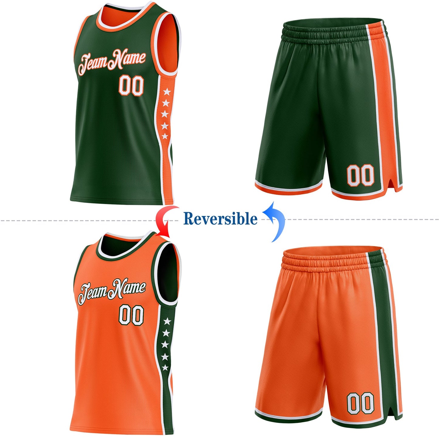Custom Reversible Green White-Orange Double Side Star Sublimation Basketball Set Jersey view 2