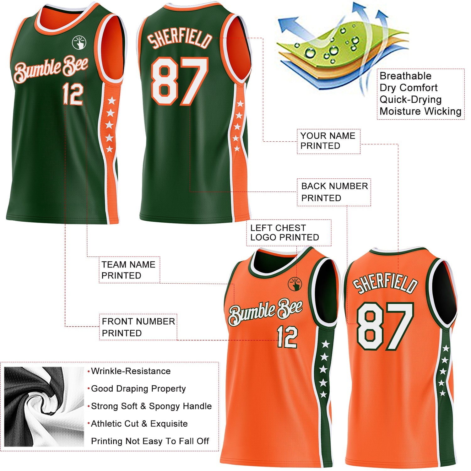 Custom Reversible Green White-Orange Double Side Star Sublimation Basketball Set Jersey view 5
