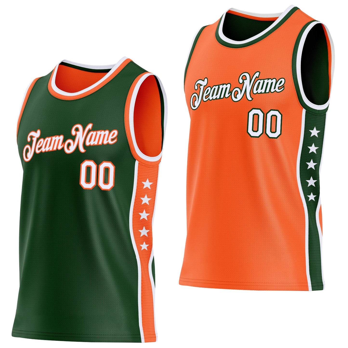 Custom Reversible Green White-Orange Double Side Star Sublimation Basketball Set Jersey - Main View