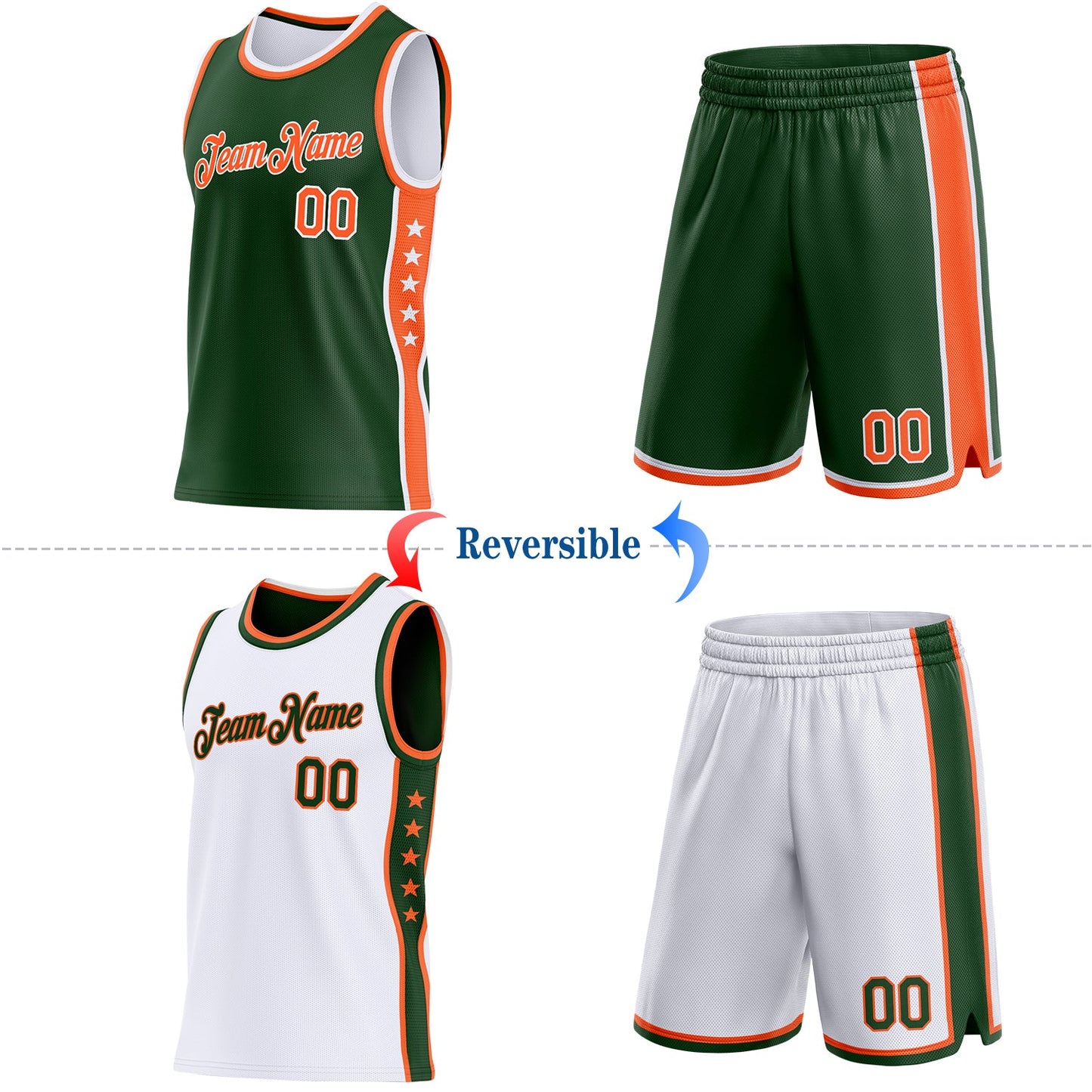 Custom Reversible Green Orange-White Double Side Star Sublimation Basketball Set Jersey view 2
