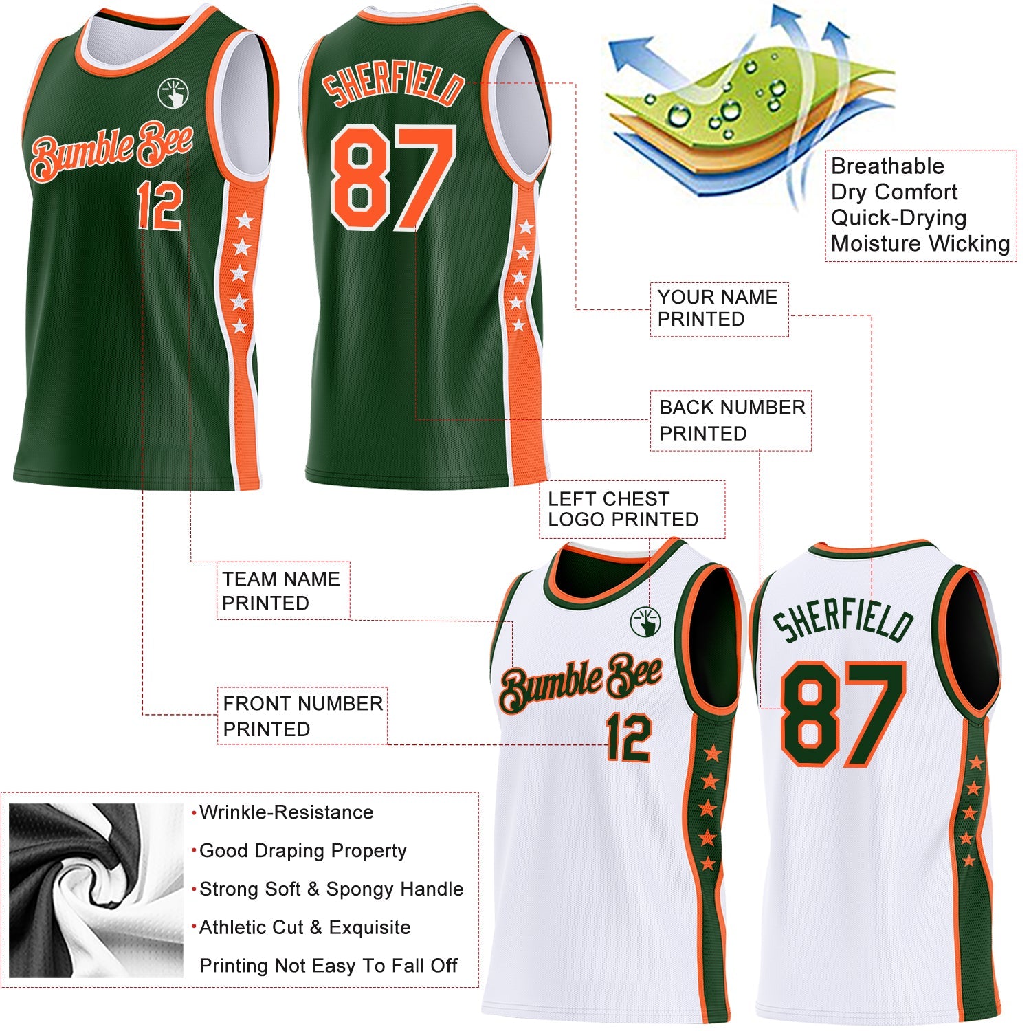 Custom Reversible Green Orange-White Double Side Star Sublimation Basketball Set Jersey view 5