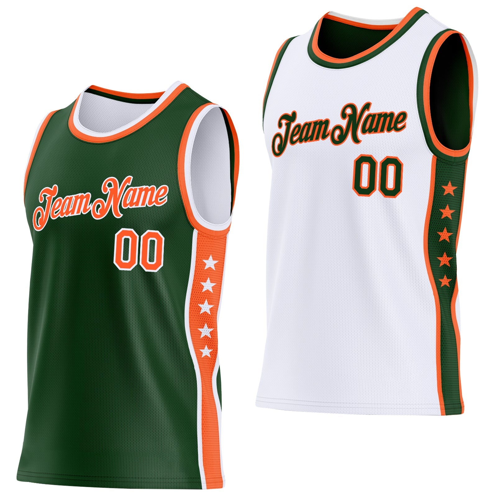 Custom Reversible Green Orange-White Double Side Star Sublimation Basketball Set Jersey - Main View