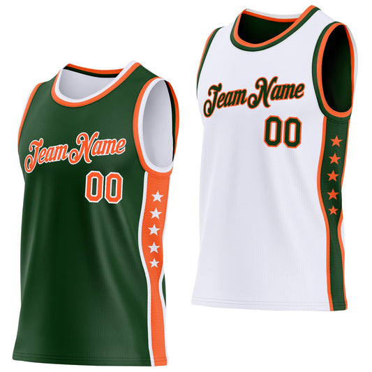 Custom Reversible Green Orange-White Double Side Star Sublimation Basketball Set Jersey - Main View