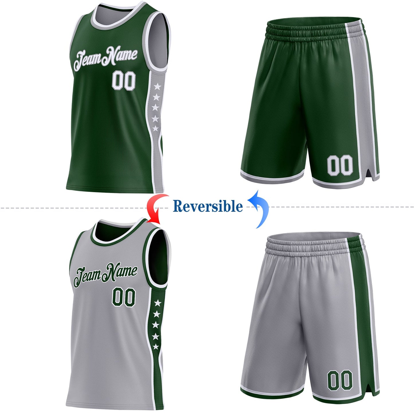 Custom Reversible Green White-Gray Double Side Star Sublimation Basketball Set Jersey view 2
