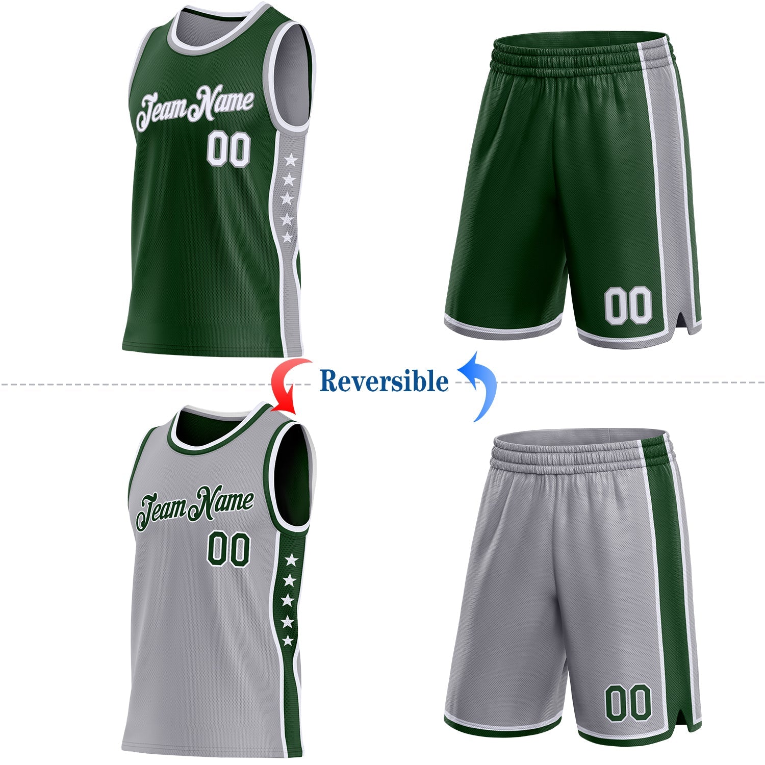 Custom Reversible Green White-Gray Double Side Star Sublimation Basketball Set Jersey view 2