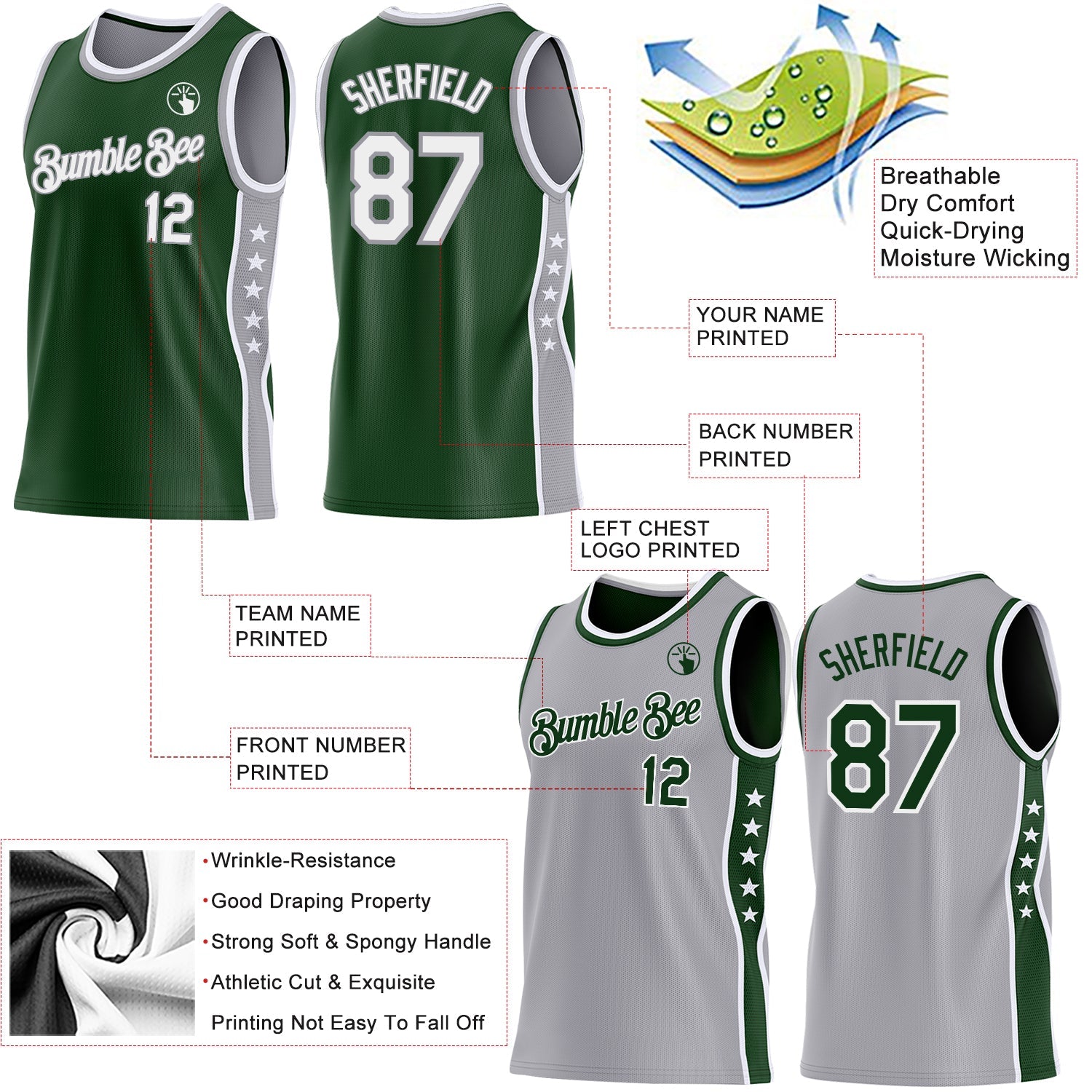 Custom Reversible Green White-Gray Double Side Star Sublimation Basketball Set Jersey view 5