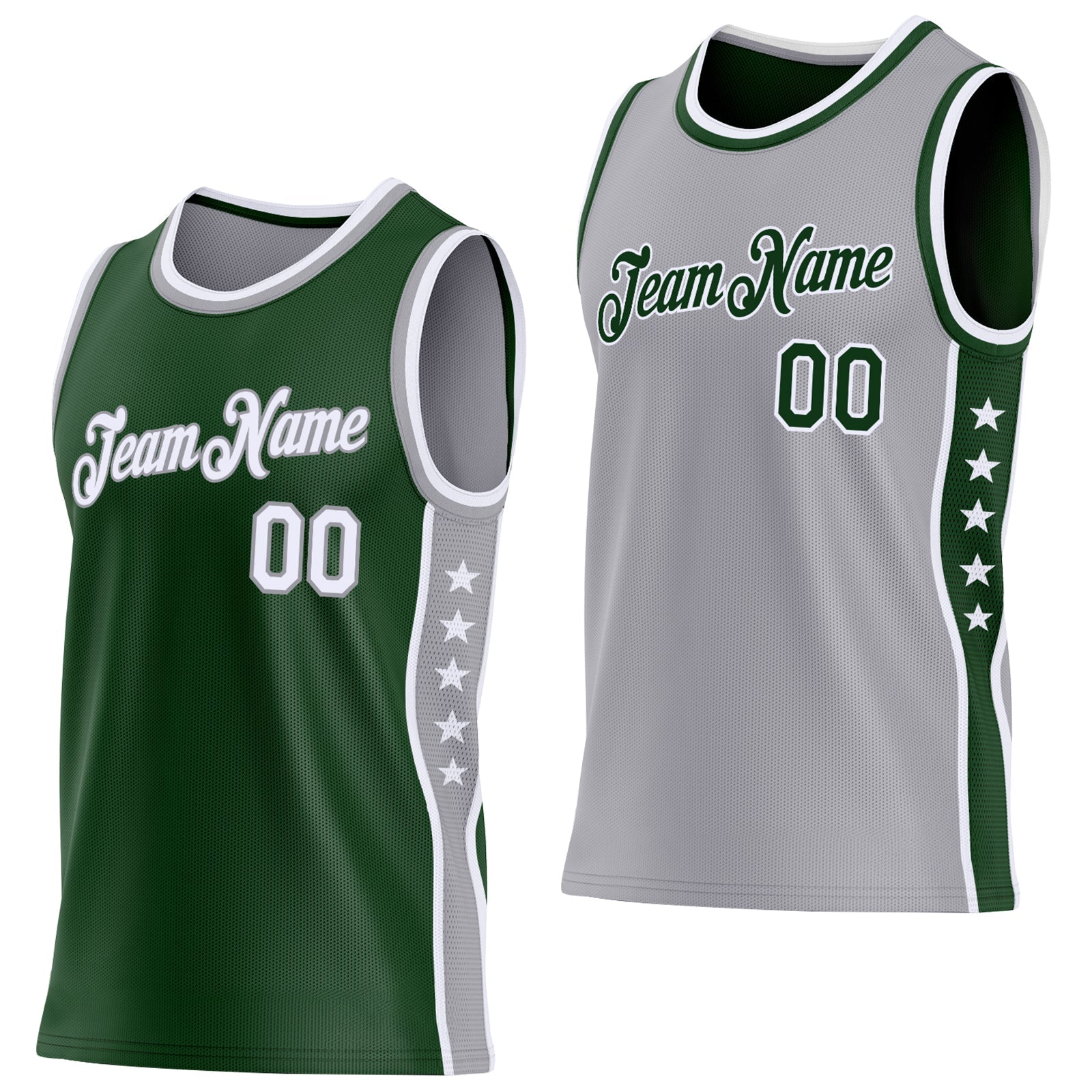 Custom Reversible Green White-Gray Double Side Star Sublimation Basketball Set Jersey - Main View