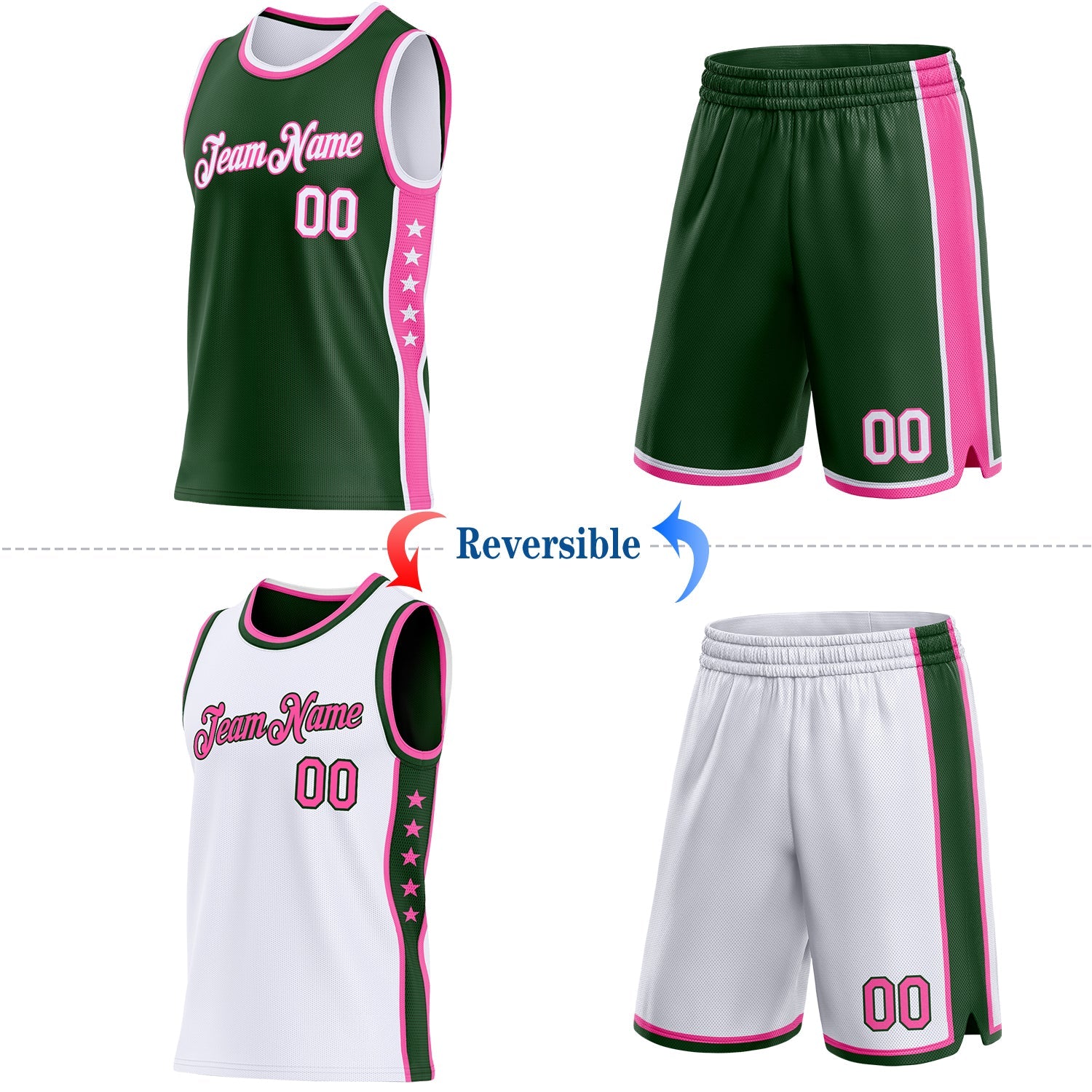 Custom Reversible Green White-Pink Double Side Star Sublimation Basketball Set Jersey view 2