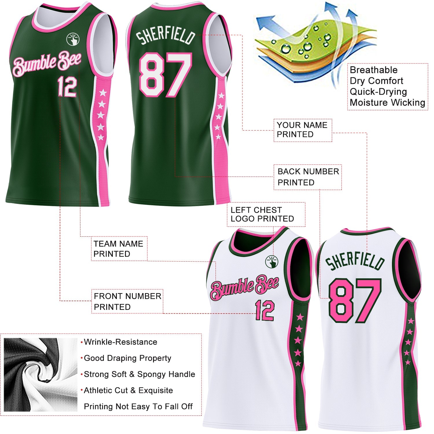 Custom Reversible Green White-Pink Double Side Star Sublimation Basketball Set Jersey view 5
