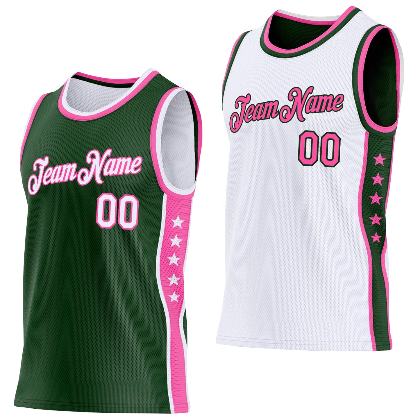 Custom Reversible Green White-Pink Double Side Star Sublimation Basketball Set Jersey - Main View