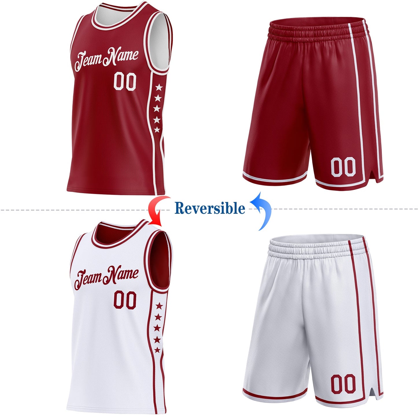 Custom Reversible Crimson White Double Side Star Sublimation Basketball Set Jersey view 2