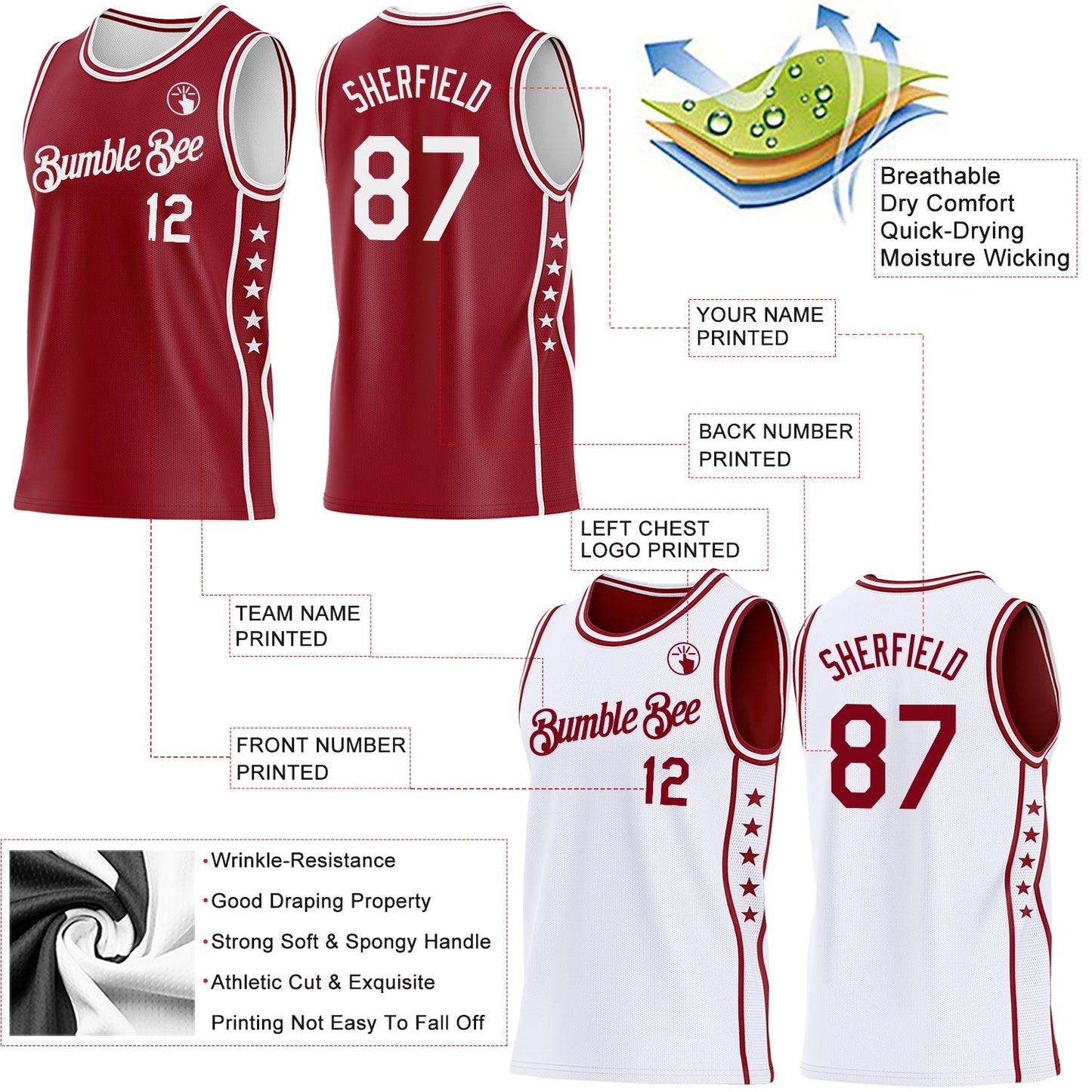 Custom Reversible Crimson White Double Side Star Sublimation Basketball Set Jersey view 5