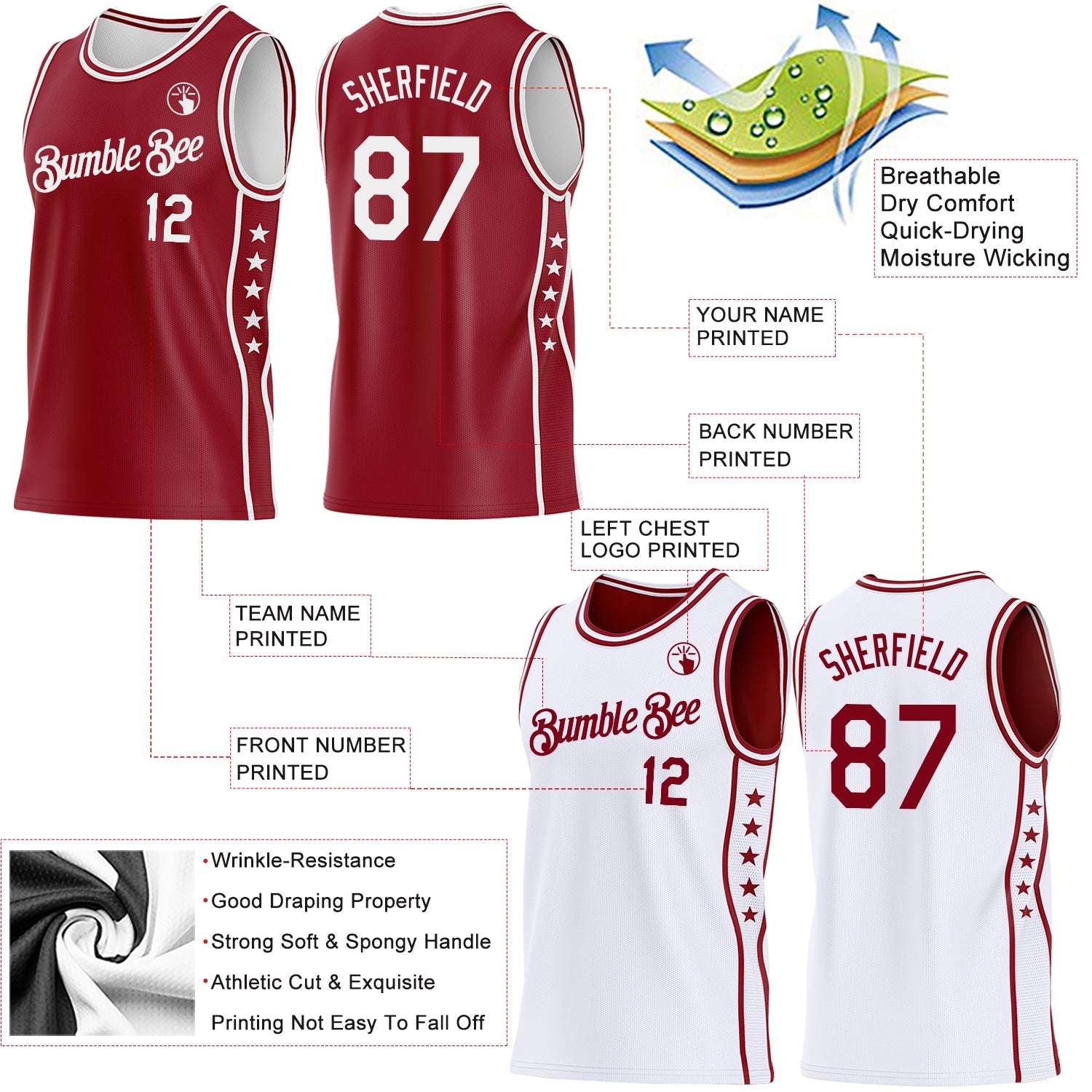 Custom Reversible Crimson White Double Side Star Sublimation Basketball Set Jersey view 5