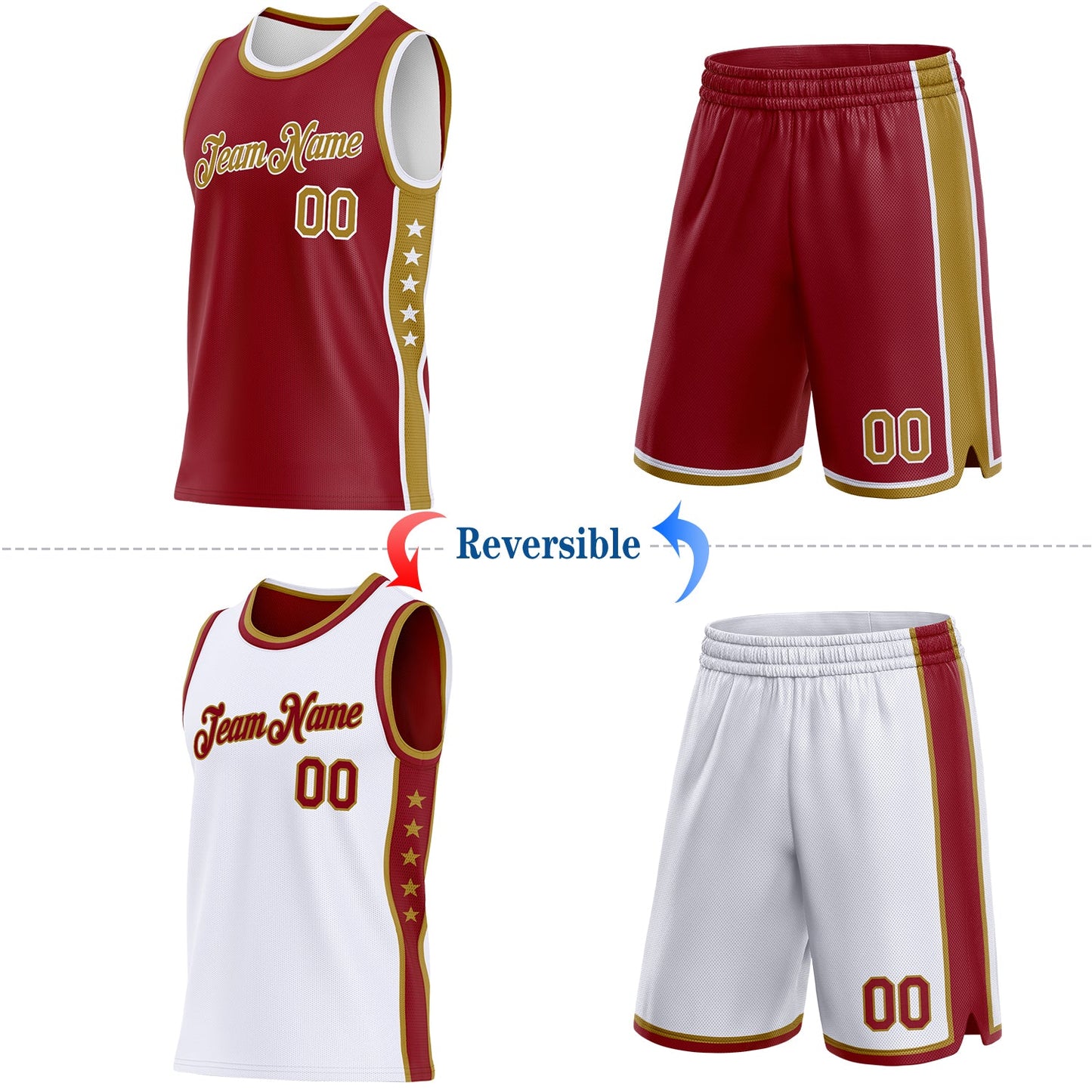 Custom Reversible Crimson Old Gold-White Double Side Star Sublimation Basketball Set Jersey view 2