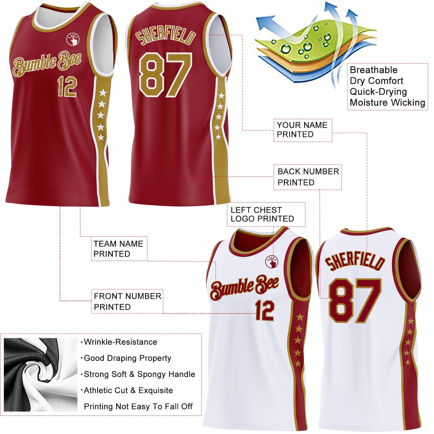Custom Reversible Crimson Old Gold-White Double Side Star Sublimation Basketball Set Jersey view 5