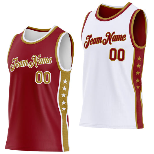Custom Reversible Crimson Old Gold-White Double Side Star Sublimation Basketball Set Jersey - Main View