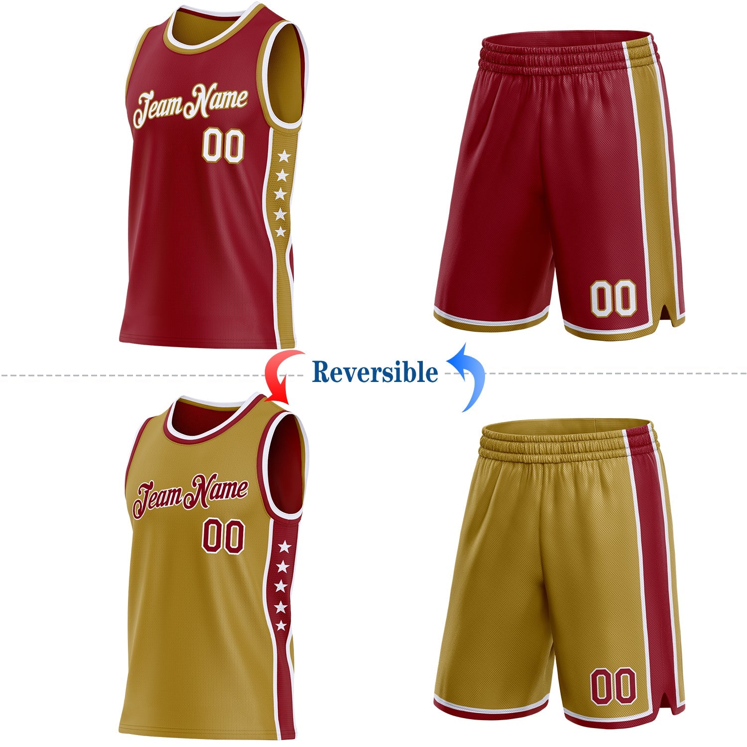 Custom Reversible Crimson White-Old Gold Double Side Star Sublimation Basketball Set Jersey view 2