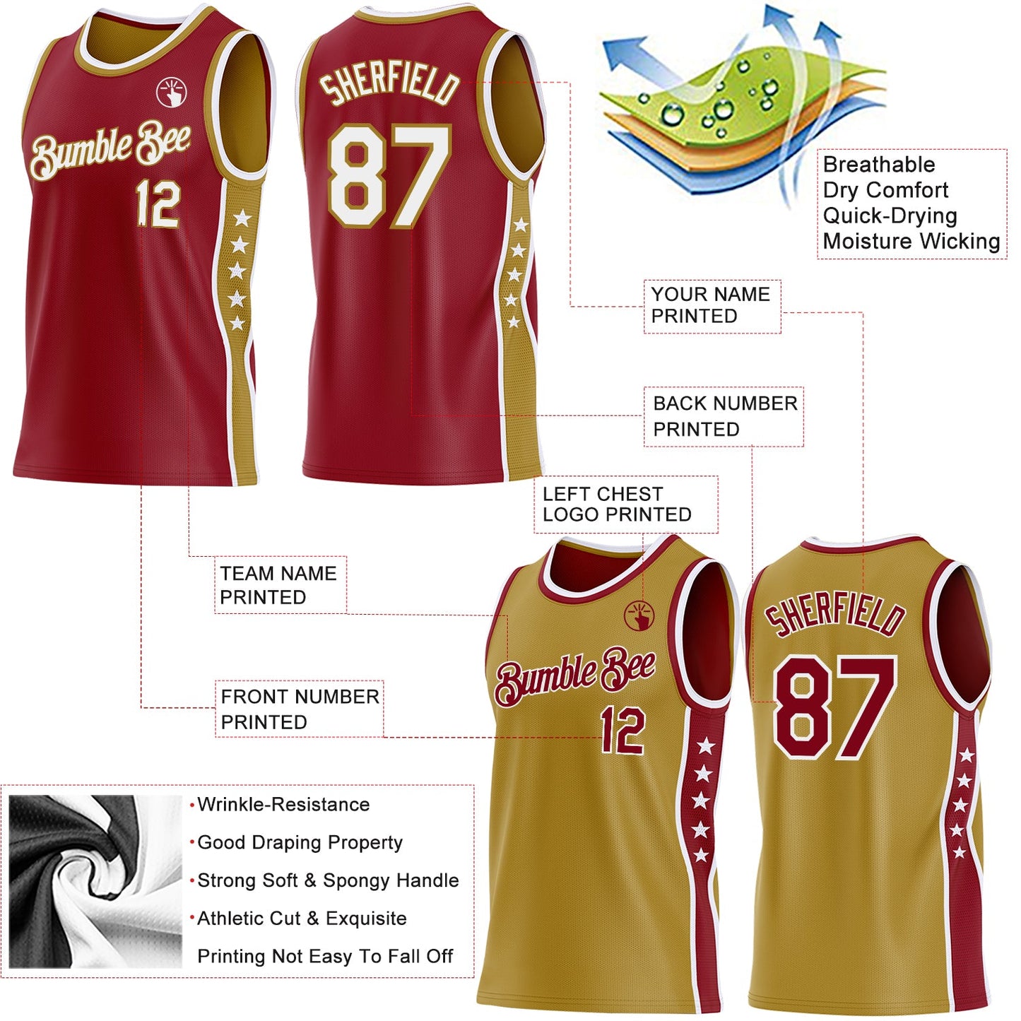 Custom Reversible Crimson White-Old Gold Double Side Star Sublimation Basketball Set Jersey view 5