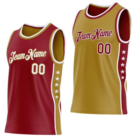 Custom Reversible Crimson White-Old Gold Double Side Star Sublimation Basketball Set Jersey - Main View