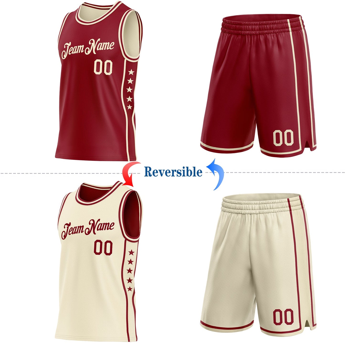 Custom Reversible Crimson Cream Double Side Star Sublimation Basketball Set Jersey view 2