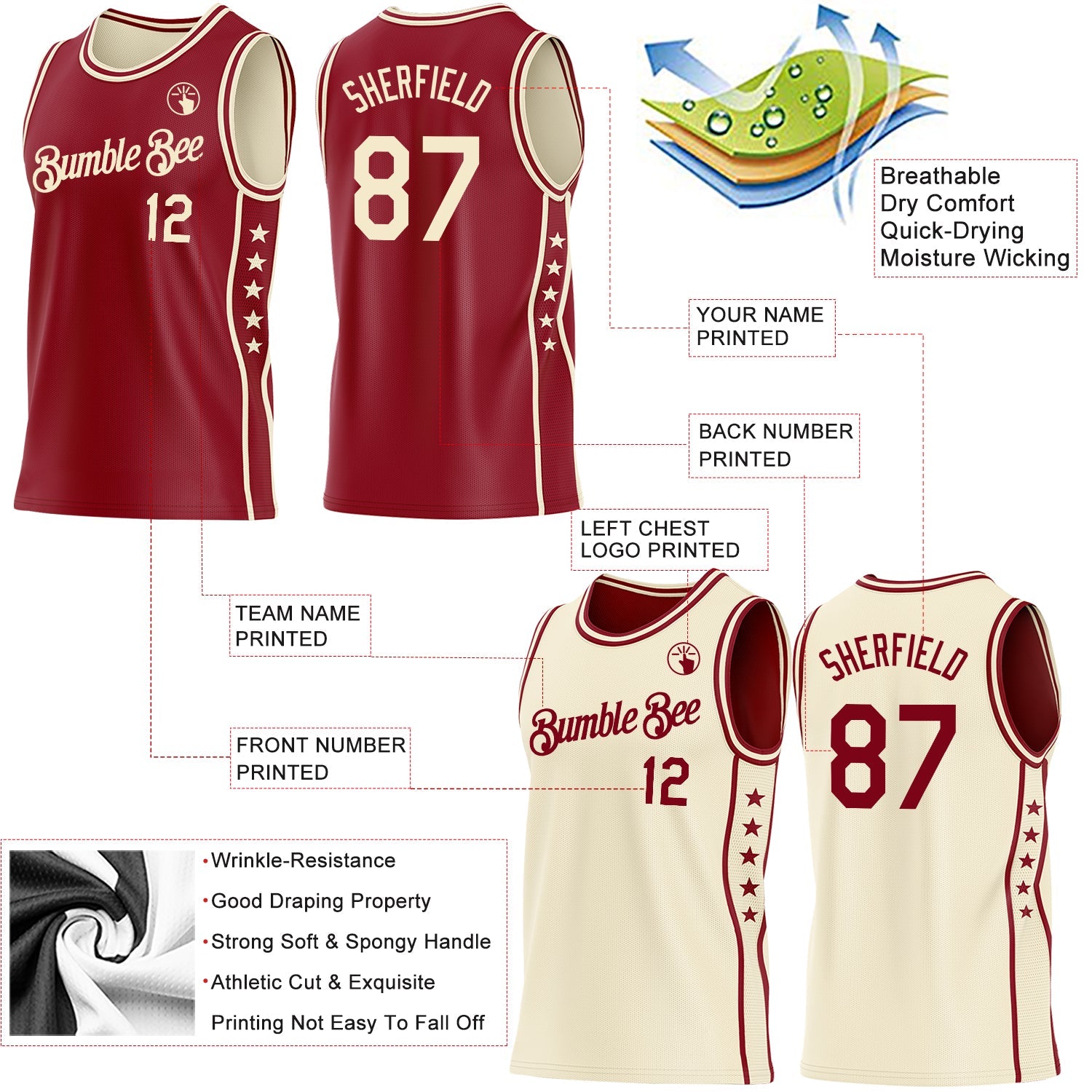 Custom Reversible Crimson Cream Double Side Star Sublimation Basketball Set Jersey view 5