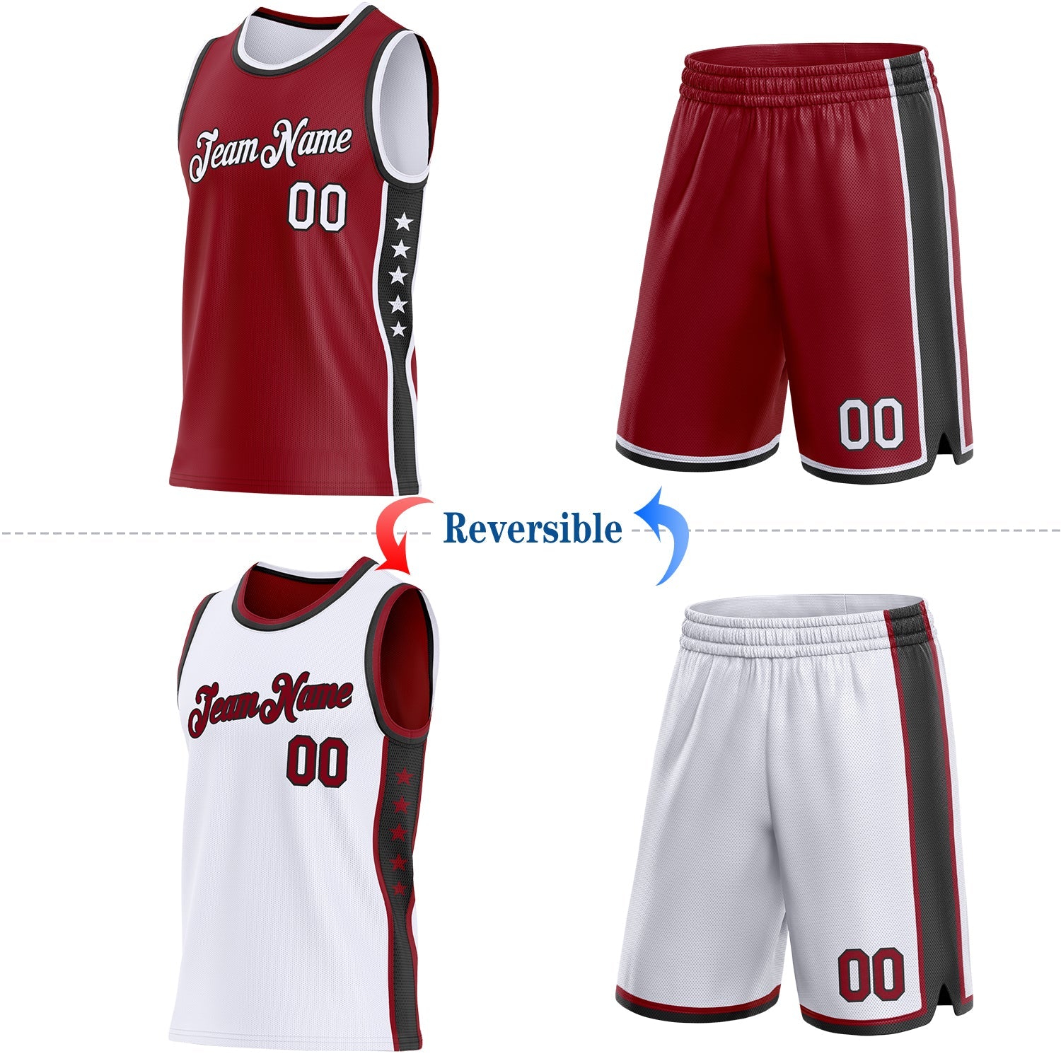 Custom Reversible Crimson White-Black Double Side Star Sublimation Basketball Set Jersey view 2