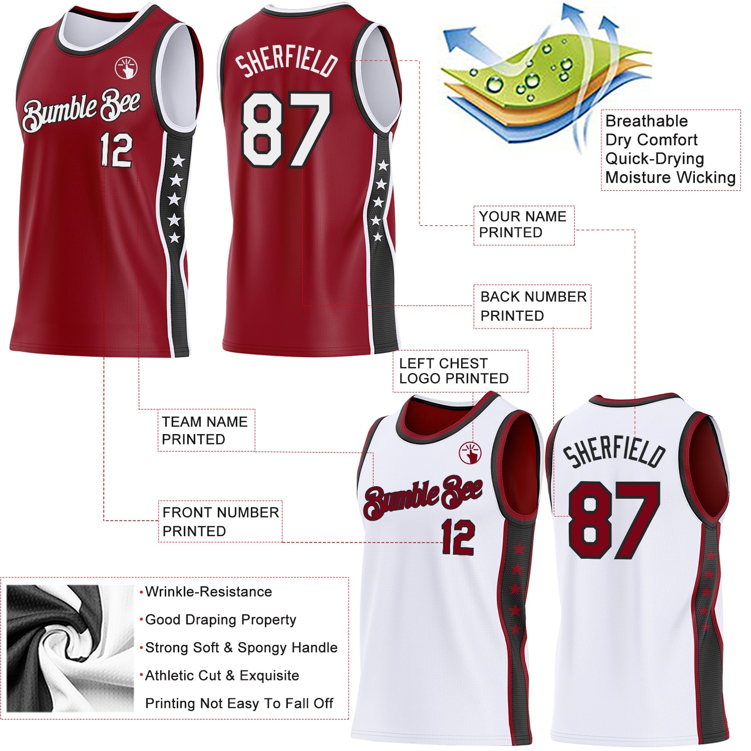 Custom Reversible Crimson White-Black Double Side Star Sublimation Basketball Set Jersey view 5