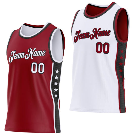 Custom Reversible Crimson White-Black Double Side Star Sublimation Basketball Set Jersey - Main View