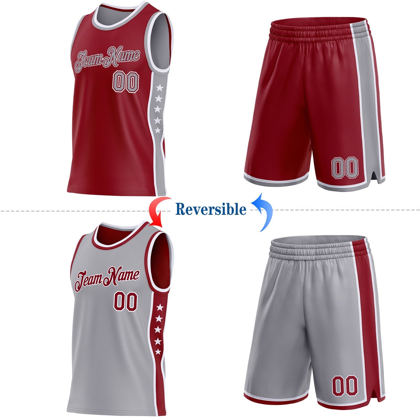 Custom Reversible Crimson Gray-White Double Side Star Sublimation Basketball Set Jersey view 2