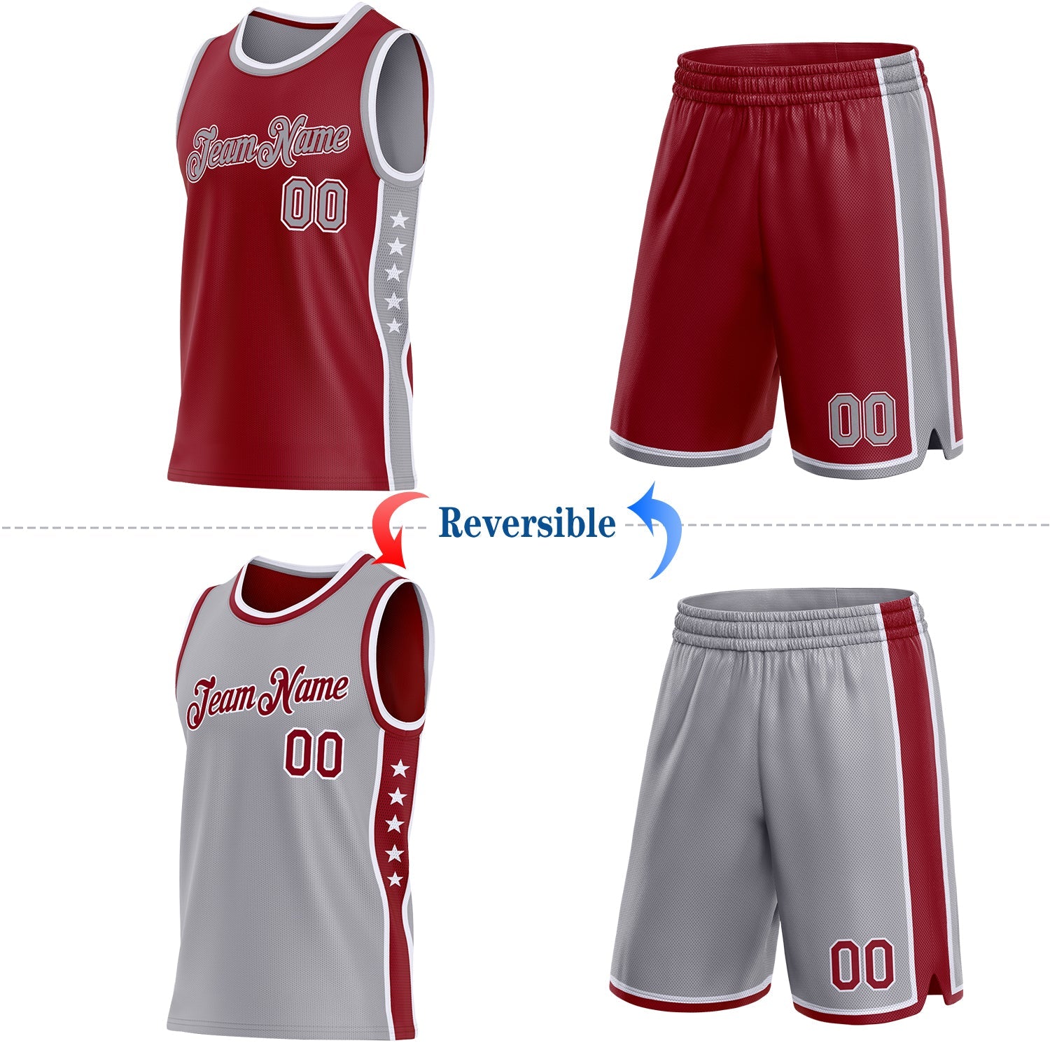 Custom Reversible Crimson Gray-White Double Side Star Sublimation Basketball Set Jersey view 2