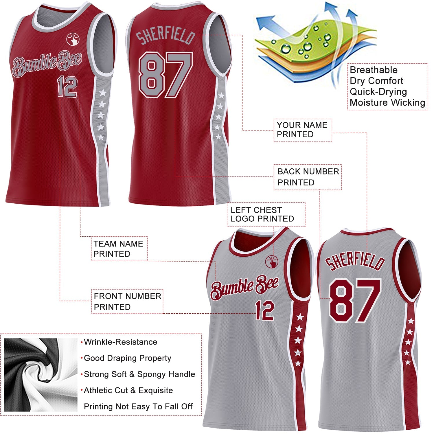 Custom Reversible Crimson Gray-White Double Side Star Sublimation Basketball Set Jersey view 5