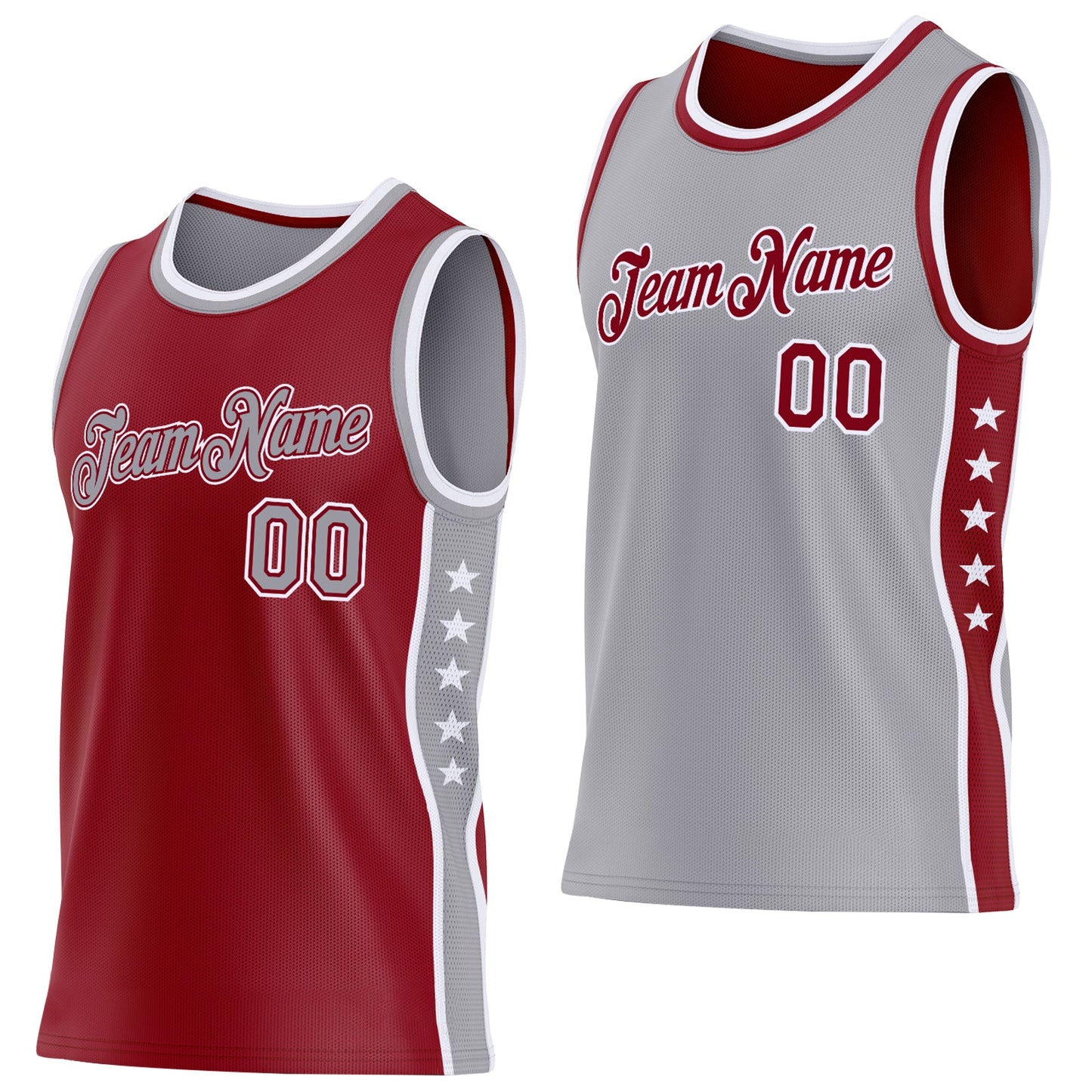 Custom Reversible Crimson Gray-White Double Side Star Sublimation Basketball Set Jersey - Main View