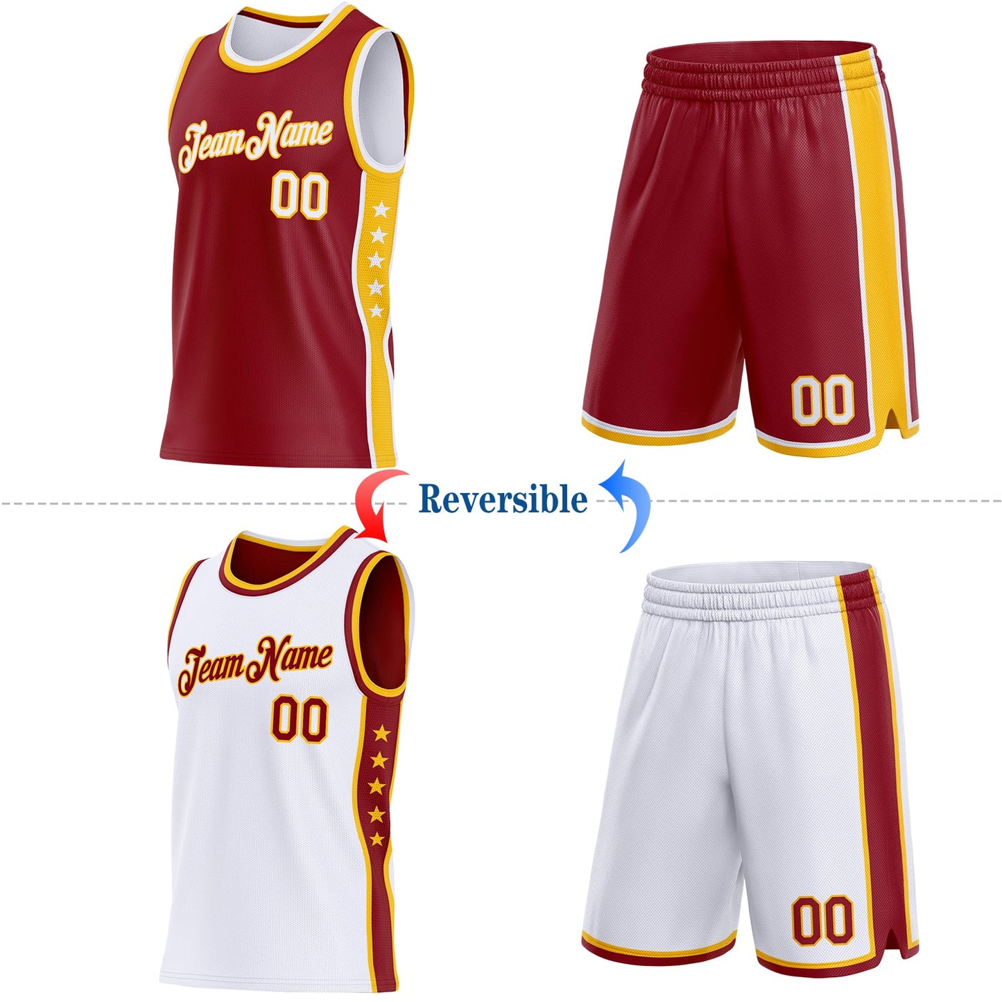 Custom Reversible Crimson White-Gold Double Side Star Sublimation Basketball Set Jersey view 2