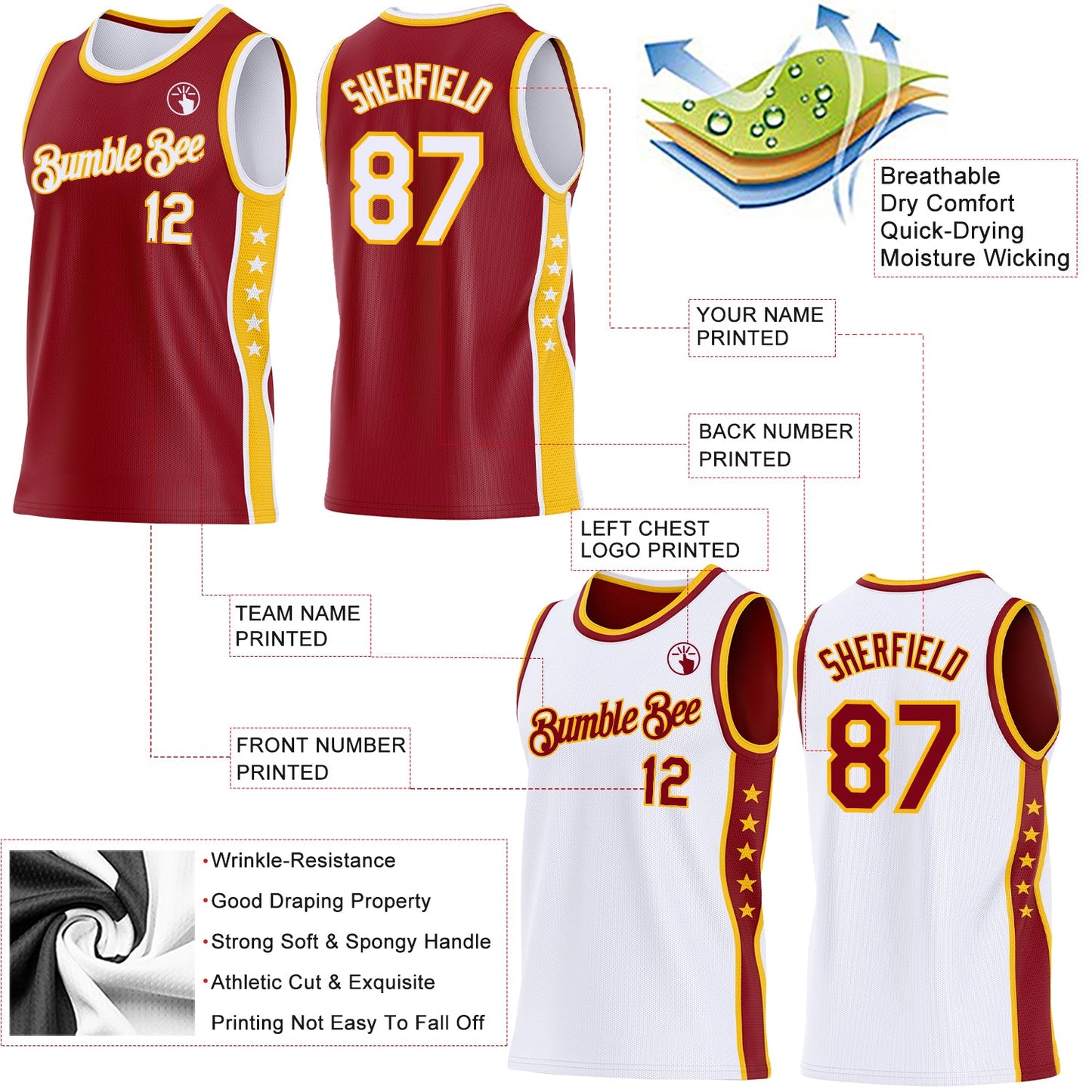 Custom Reversible Crimson White-Gold Double Side Star Sublimation Basketball Set Jersey view 5