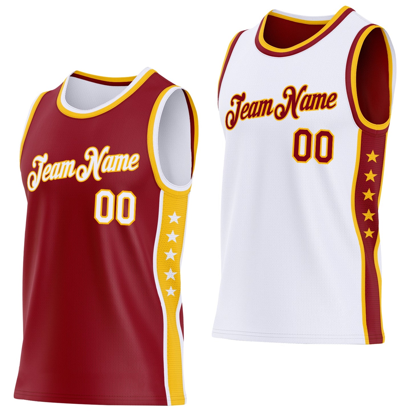 Custom Reversible Crimson White-Gold Double Side Star Sublimation Basketball Set Jersey - Main View