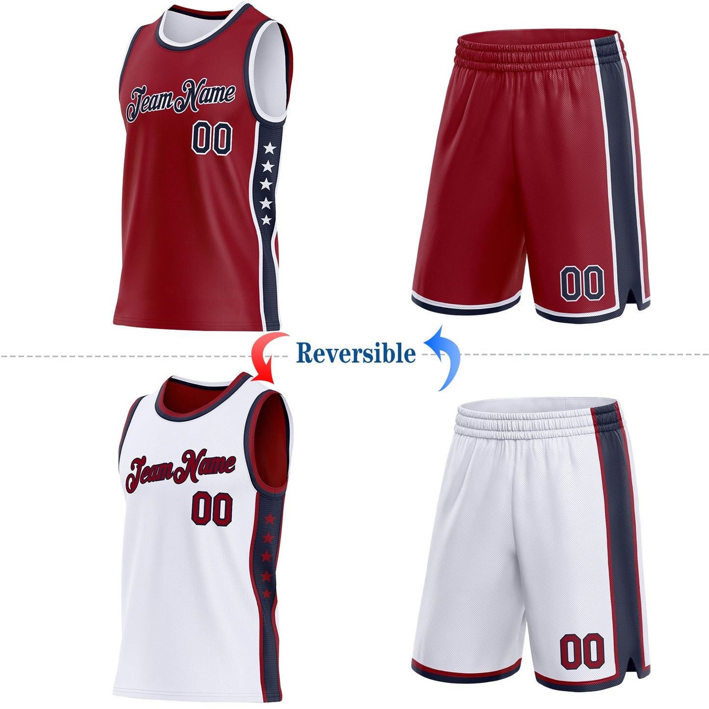 Custom Reversible Crimson Navy-White Double Side Star Sublimation Basketball Set Jersey view 2