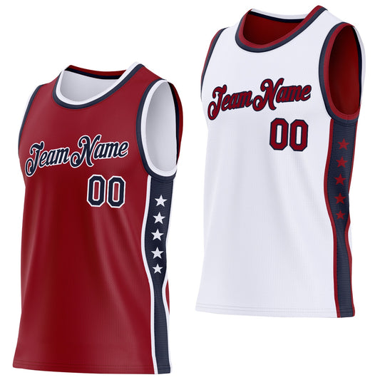 Custom Reversible Crimson Navy-White Double Side Star Sublimation Basketball Set Jersey - Main View