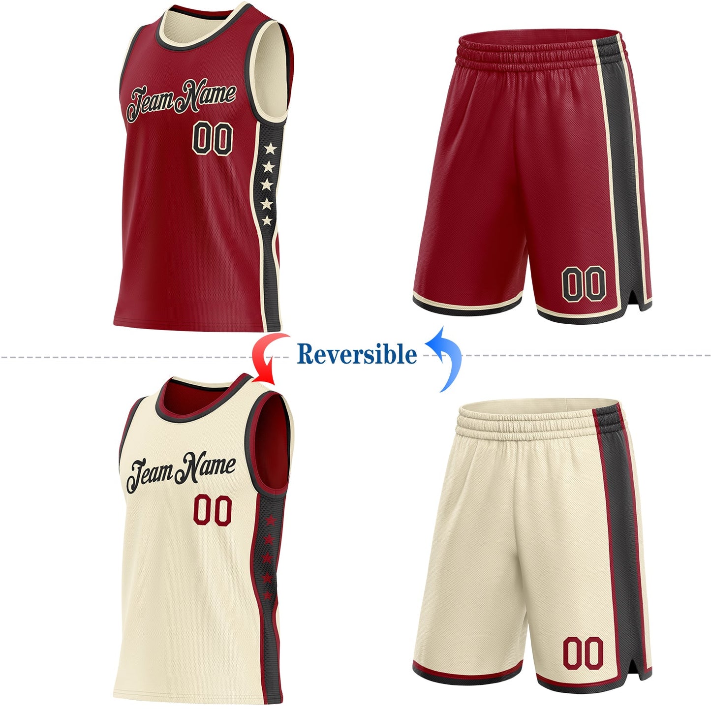Custom Reversible Crimson Black-Cream Double Side Star Sublimation Basketball Set Jersey view 2