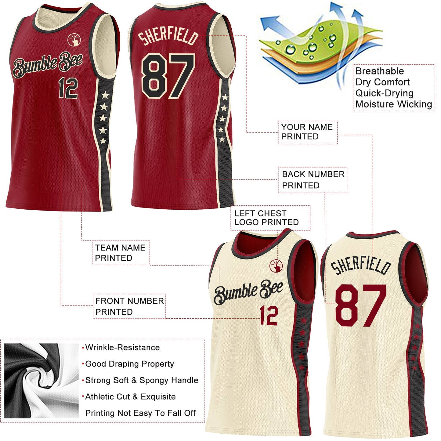 Custom Reversible Crimson Black-Cream Double Side Star Sublimation Basketball Set Jersey view 5
