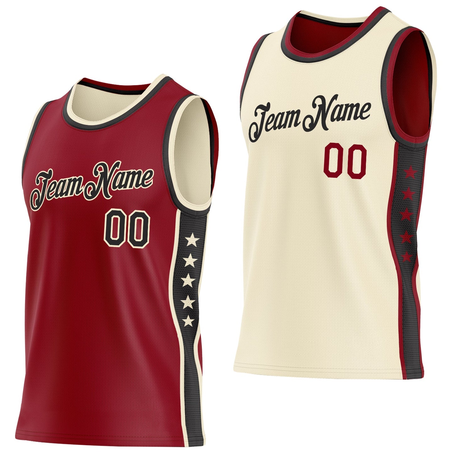 Custom Reversible Crimson Black-Cream Double Side Star Sublimation Basketball Set Jersey - Main View