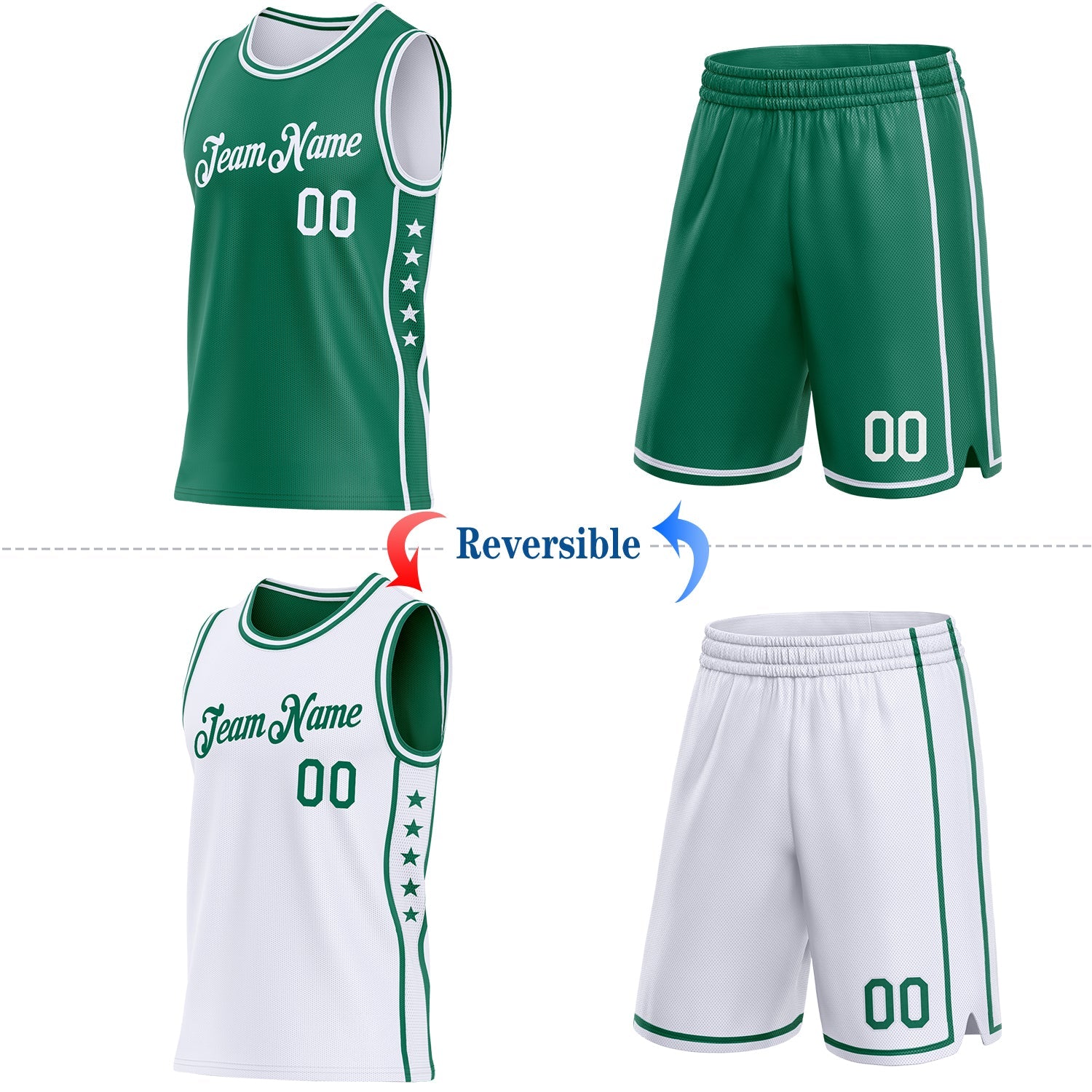 Custom Reversible Kelly Green White Double Side Star Sublimation Basketball Set Jersey view 2