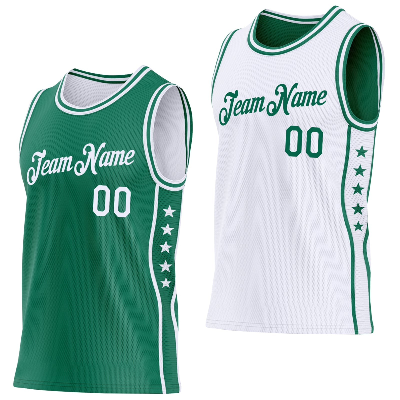 Custom Reversible Kelly Green White Double Side Star Sublimation Basketball Set Jersey - Main View
