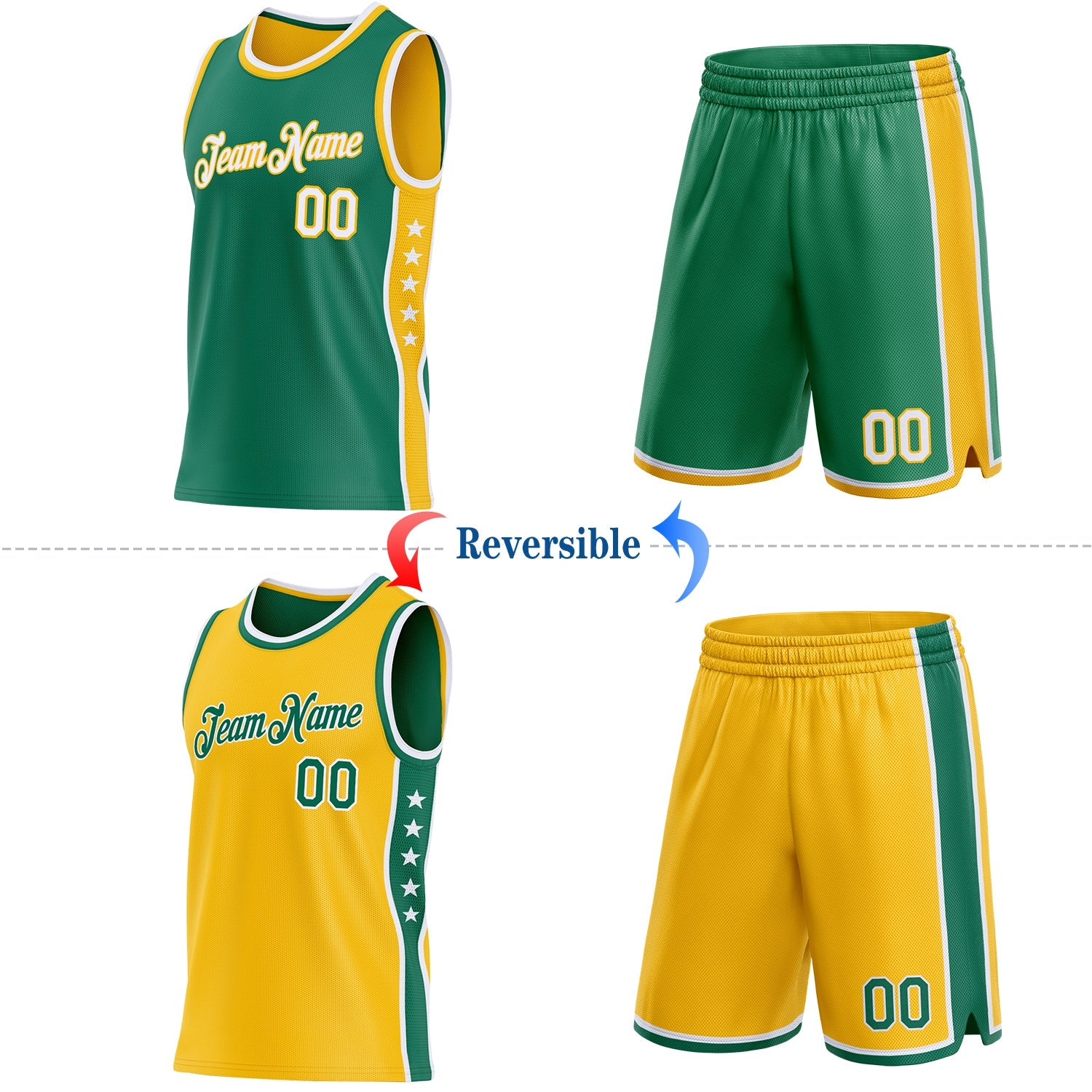 Custom Reversible Kelly Green White-Gold Double Side Star Sublimation Basketball Set Jersey view 2