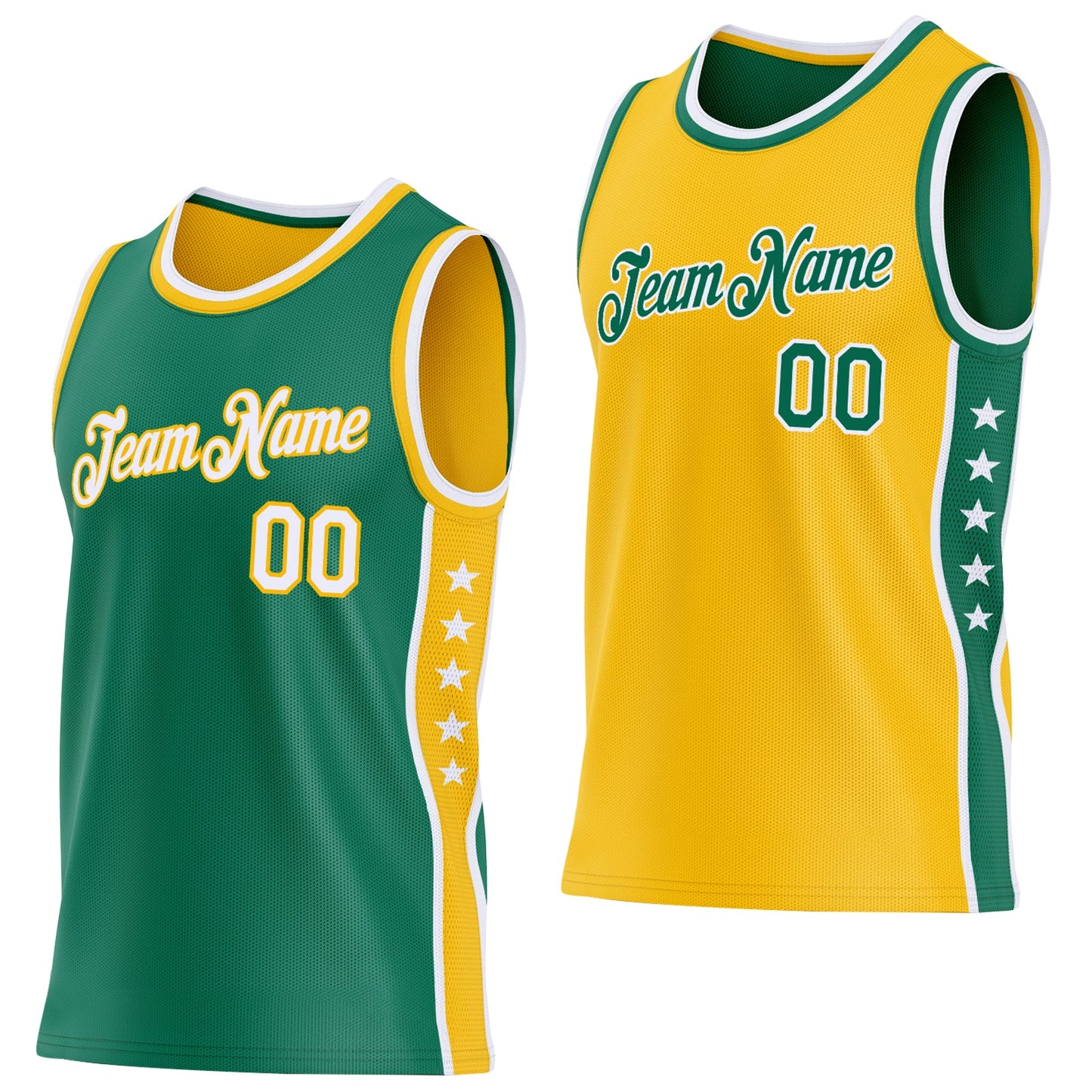Custom Reversible Kelly Green White-Gold Double Side Star Sublimation Basketball Set Jersey - Main View